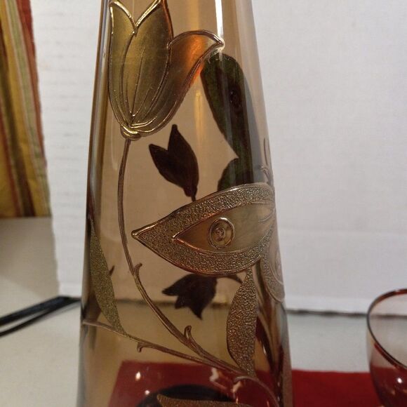 Vintage Amber Glass Decanter and 6 Cordial Glasses - Picture 5 of 12